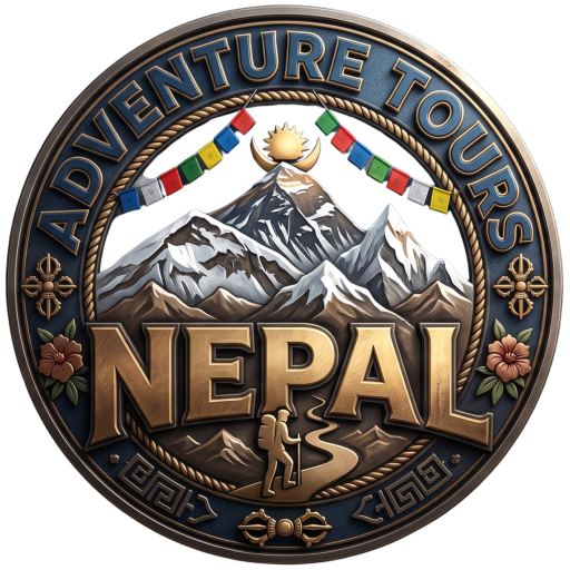 Adventure Tours Nepal featuring a trekker, Himalayan mountains, and prayer flags, symbolizing the best adventure tour in Nepal.